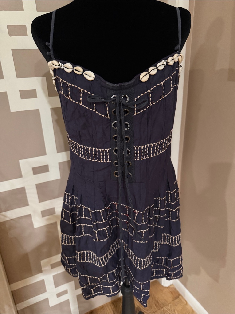 Free People Navy Shell-Embellished, Beaded & Embroidered Lace-Up Mini Dress